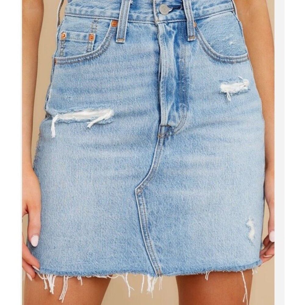 Levi's Premium High Rise Deconstructed Denim Skirt Size 28 Button Fly Raw Edge